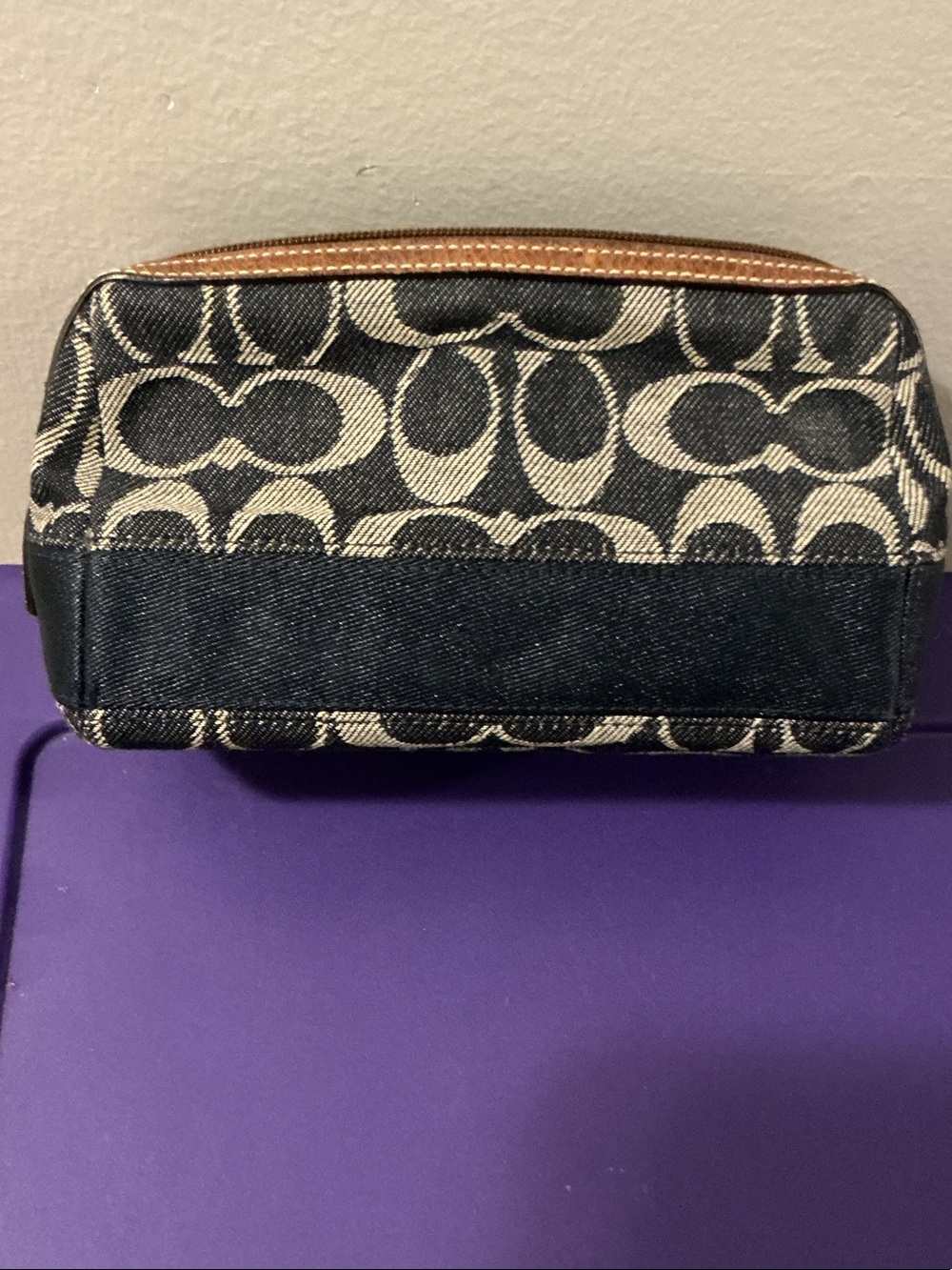 Coach Denim Signature Canvas Small Pouch in Black and Cream with Tan Trim